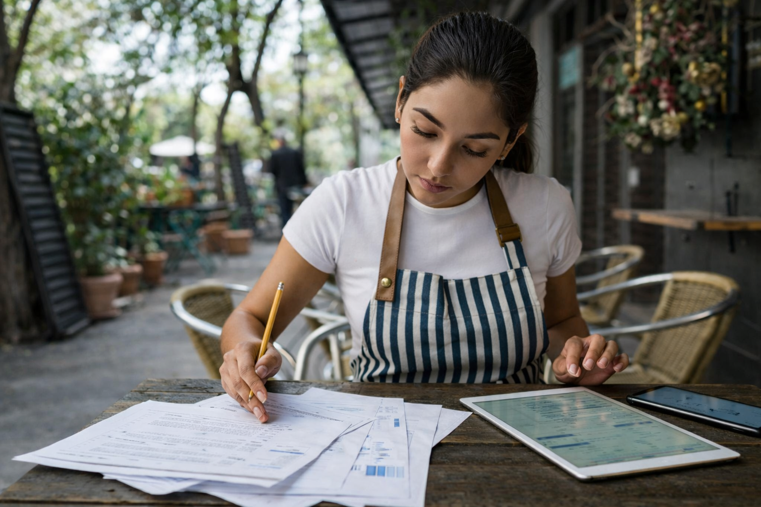 Australian business owner reviewing paperwork and digital records
